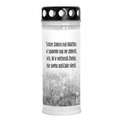 Nagrobna sveča Premium z rožnim motivom in verzom Solze žalost naj blažijo